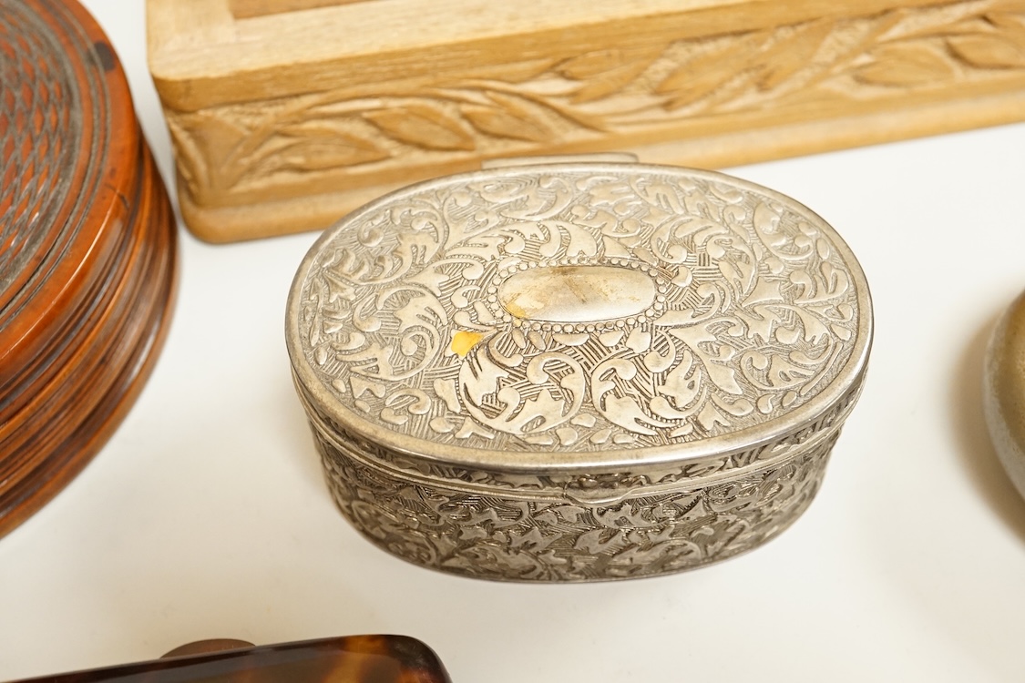 Two treen boxes, a cigarette box, a tortoiseshell box, a military tobacco box, a plated box and various decorative metal panels, CITES Submission reference, KPXPJXQU